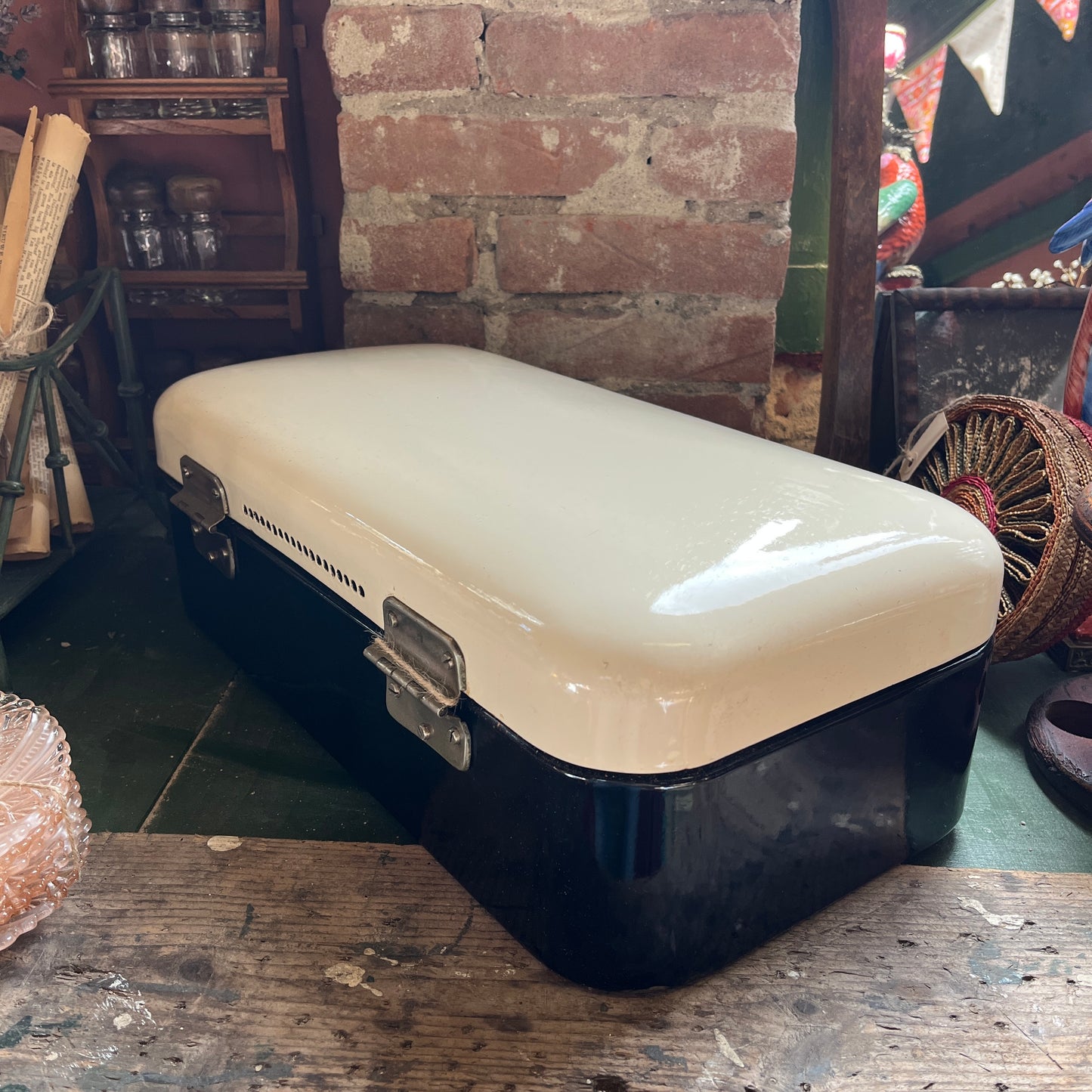 Vintage enamel bread box black and white
