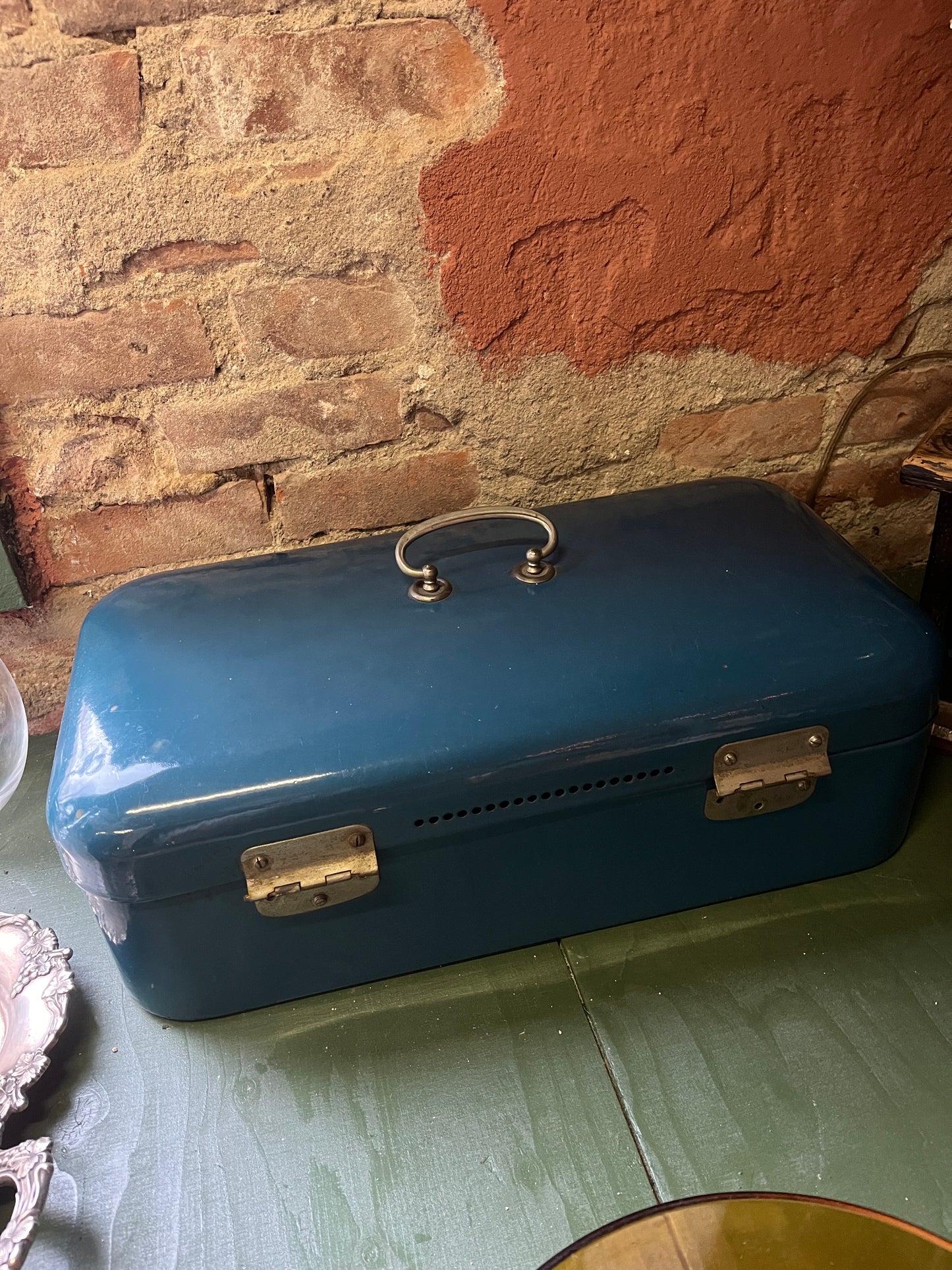 Vintage enamel bread box blue