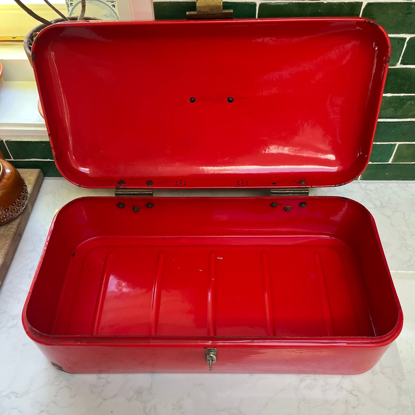 Vintage enamel bread box red
