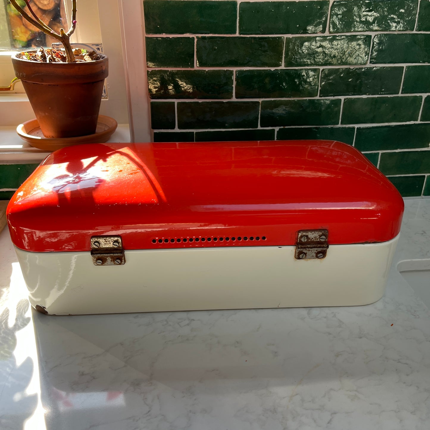 Vintage enamel bread box red and white