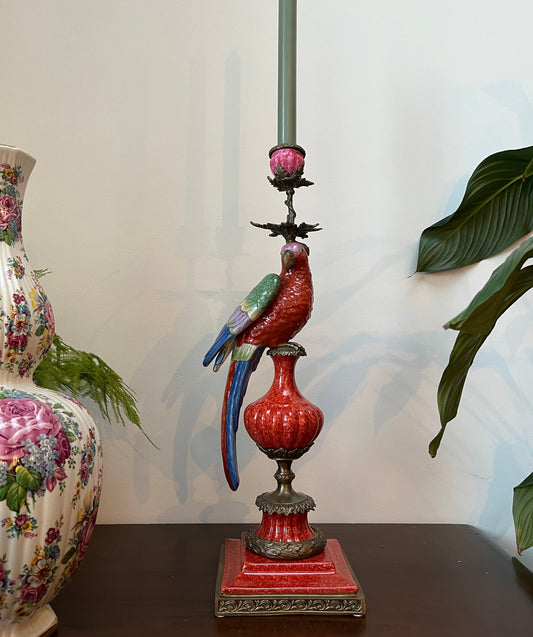 Kandelaar papegaai porselein en brons