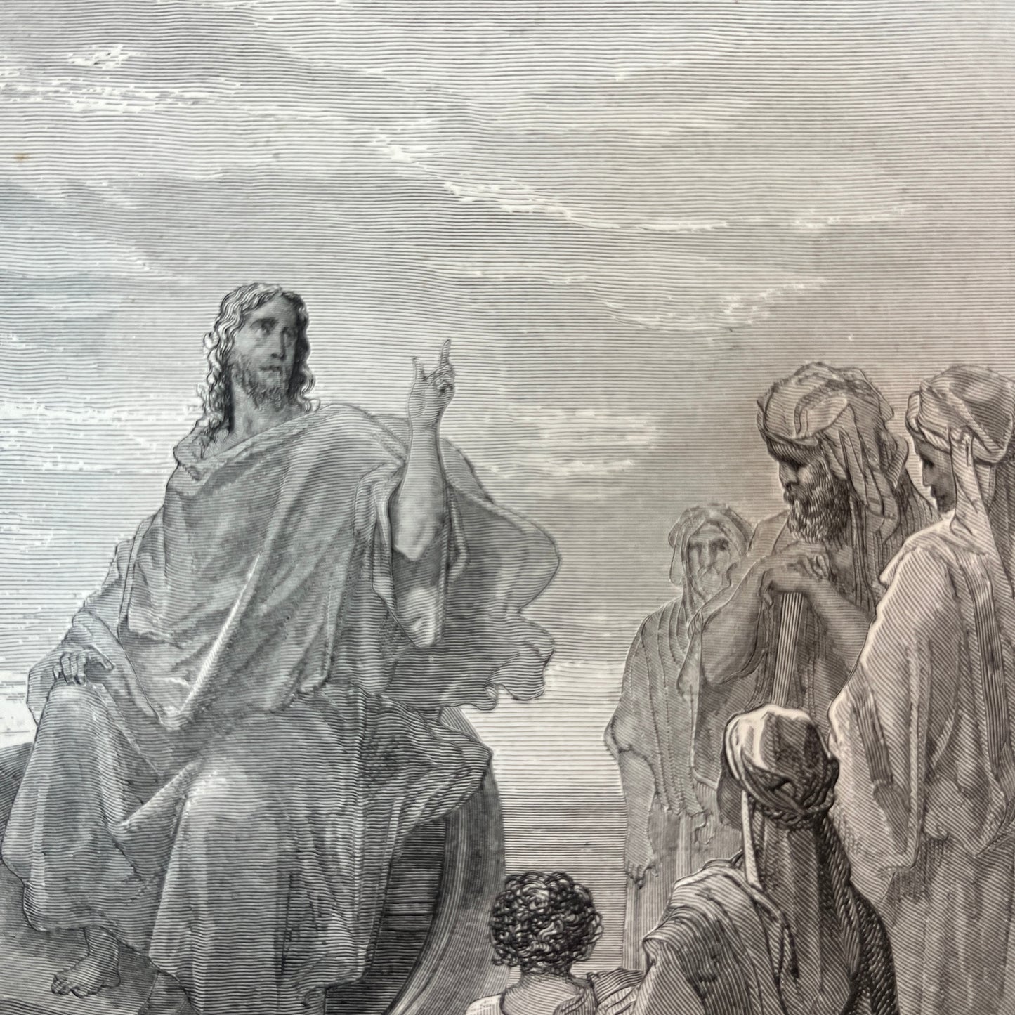 Jesus predikende op het meer van Galilea. Originele houtgravure van Gustave Doré uit 1875.