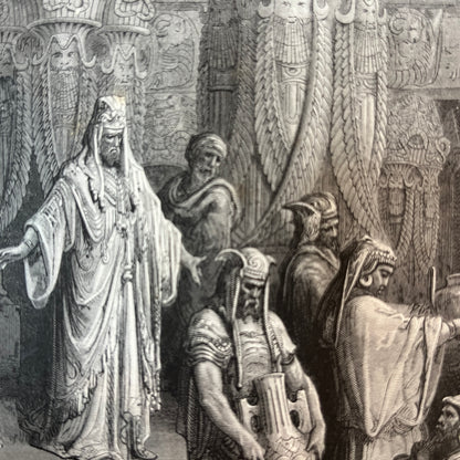 Cyrus returns the temple vessels. Original wood engraving by Gustave Doré from 1875.