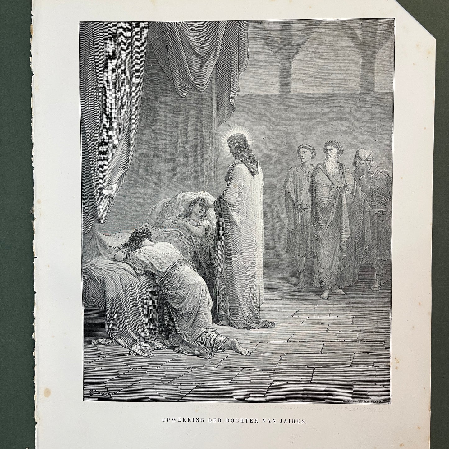 Raising of Jairus' Daughter. Original wood engraving by Gustave Doré from 1875.