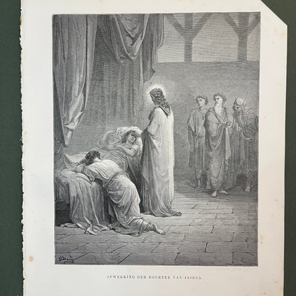 Raising of Jairus' Daughter. Original wood engraving by Gustave Doré from 1875.