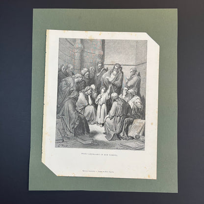 Jesus leeraart in den tempel. Originele houtgravure van Gustave Doré uit 1875.