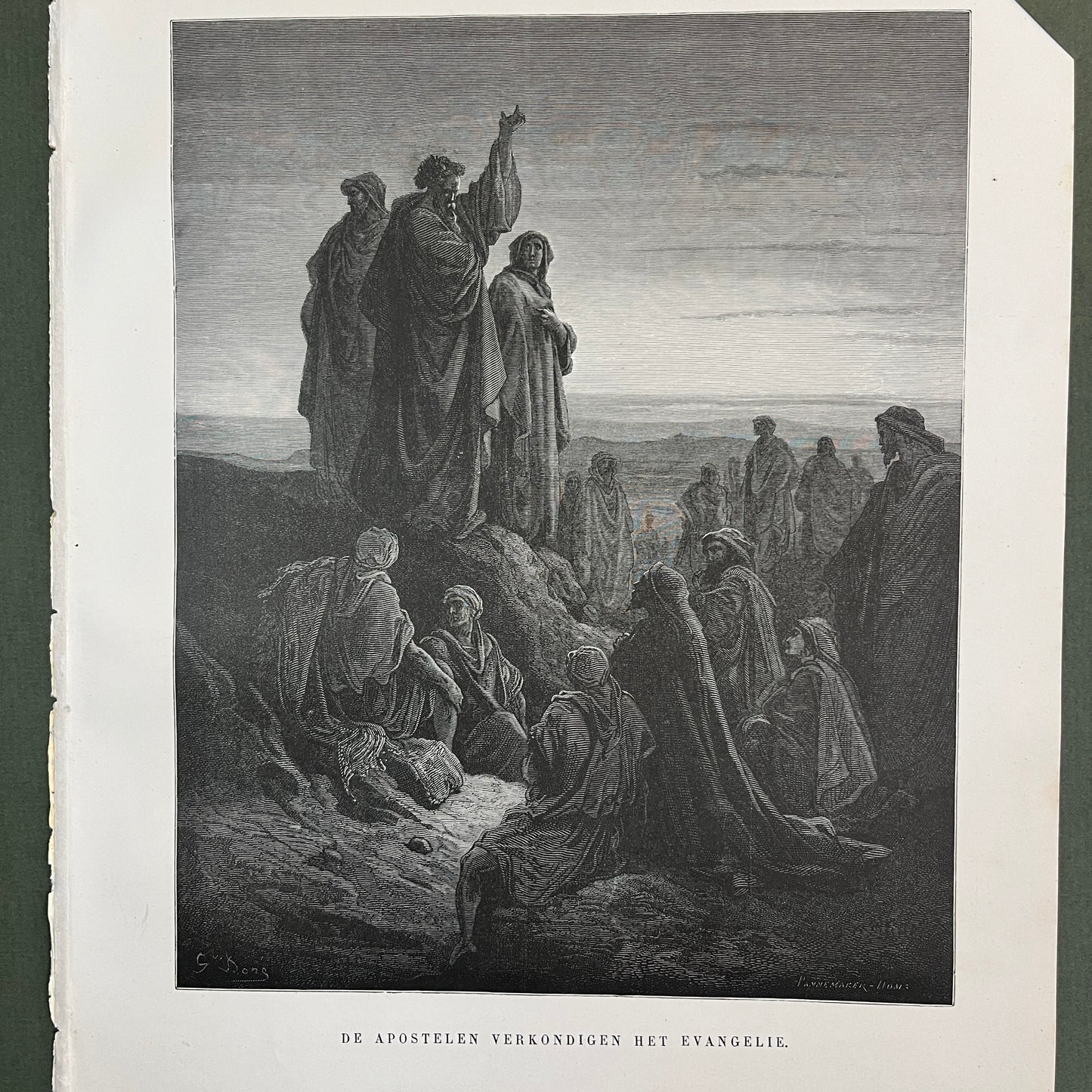 The apostles preaching the gospel. Original wood engraving by Gustave Doré from 1875.