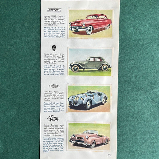 4 Autoplaatjes: Mercury, Citroën, Frazer Nash, Russon