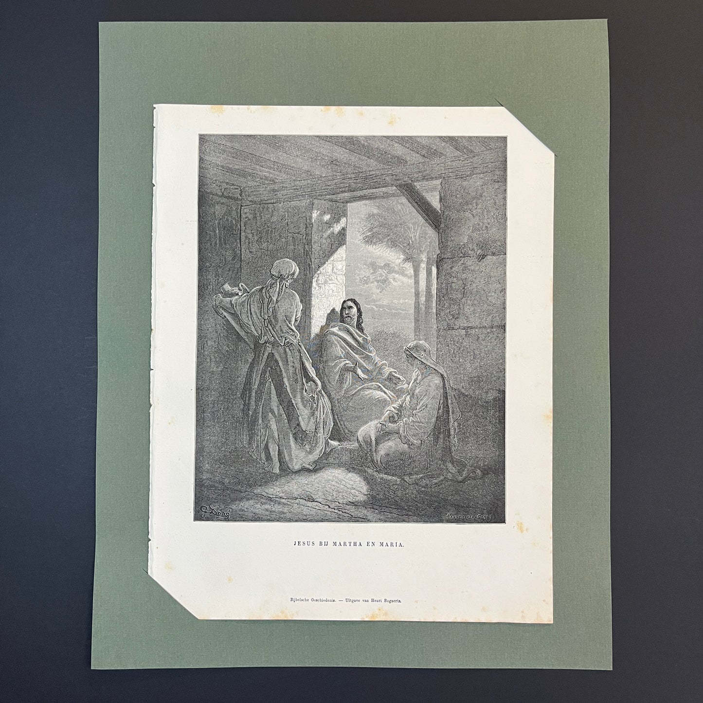 Jesus bij Martha en Maria. Originele houtgravure van Gustave Doré uit 1875.