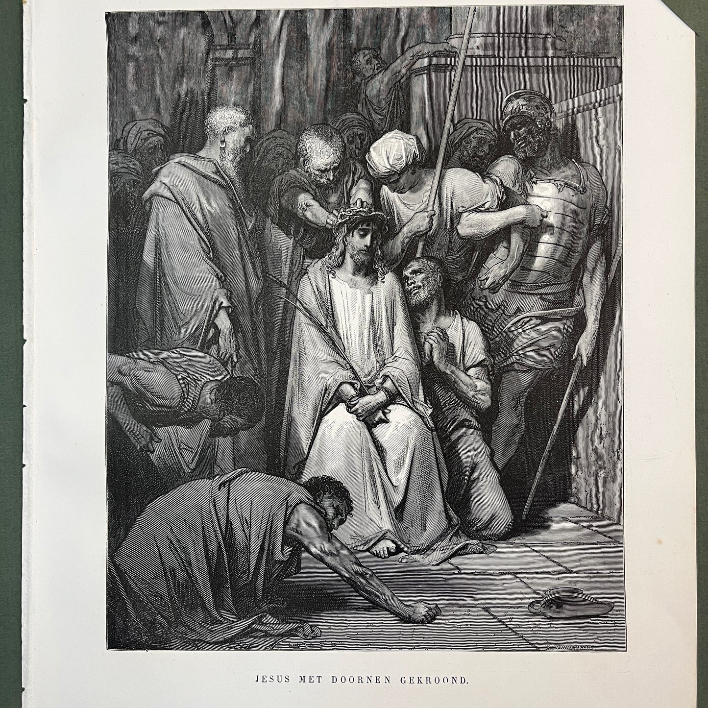 Jesus met doornen gekroond. Originele houtgravure van Gustave Doré uit 1875.