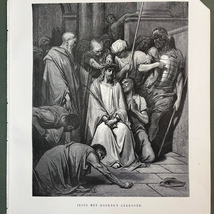 Jesus crowned with thorns. Original wood engraving by Gustave Doré from 1875.