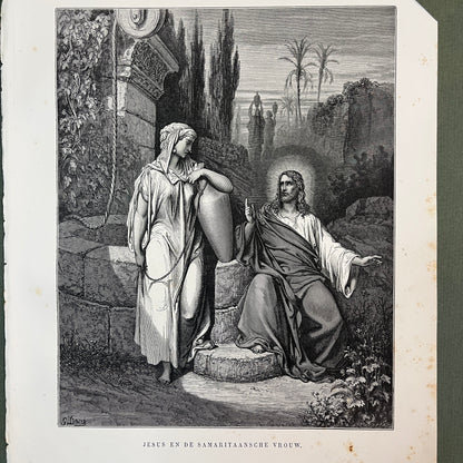 Jesus and the Samaritan Woman. Original wood engraving by Gustave Doré from 1875.