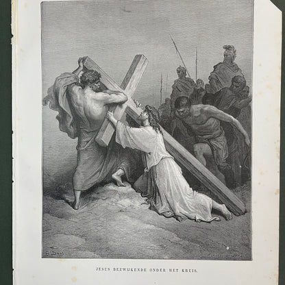 Jesus bezwijkende onder het kruis. Originele houtgravure van Gustave Doré uit 1875.