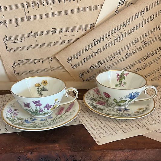 Two coffee or tea cups and saucers Bavaria flowers