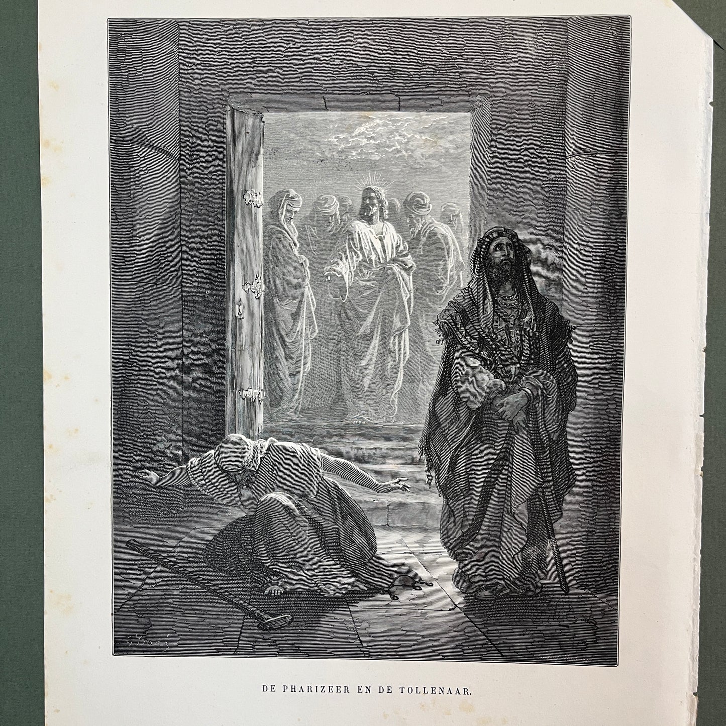 De pharizeer en de tollenaar. Originele houtgravure van Gustave Doré uit 1875.