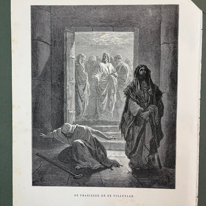 De pharizeer en de tollenaar. Originele houtgravure van Gustave Doré uit 1875.