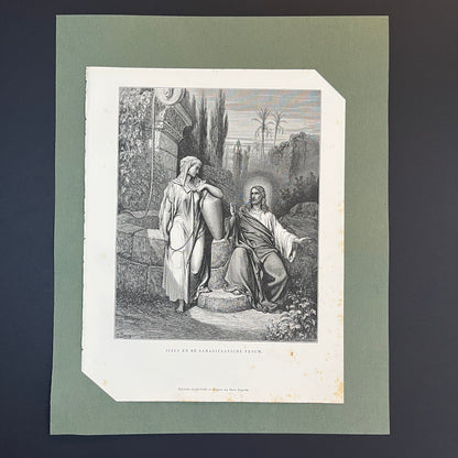 Jesus en de Samaritaansche vrouw. Originele houtgravure van Gustave Doré uit 1875.