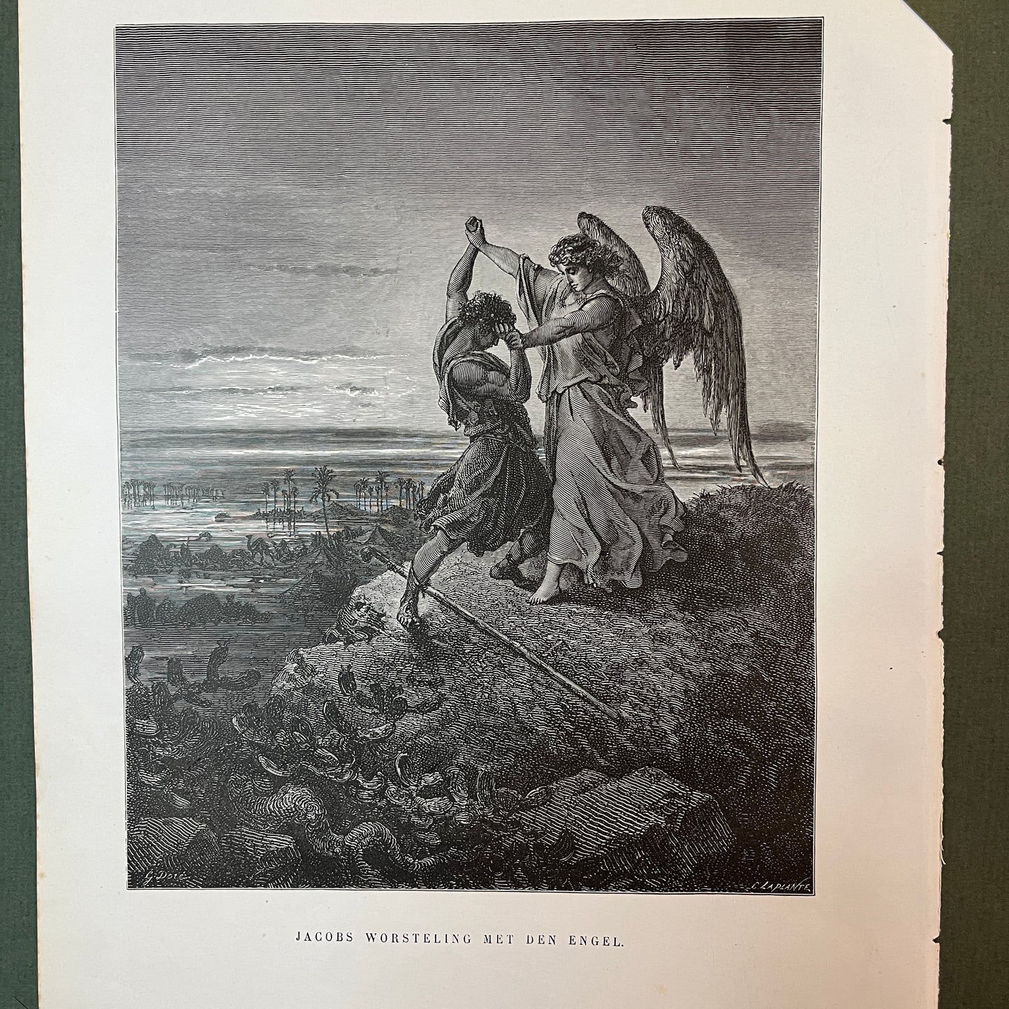 Jakobs Ringen mit dem Engel. Original Holzstich von Gustave Doré aus dem Jahr 1875.