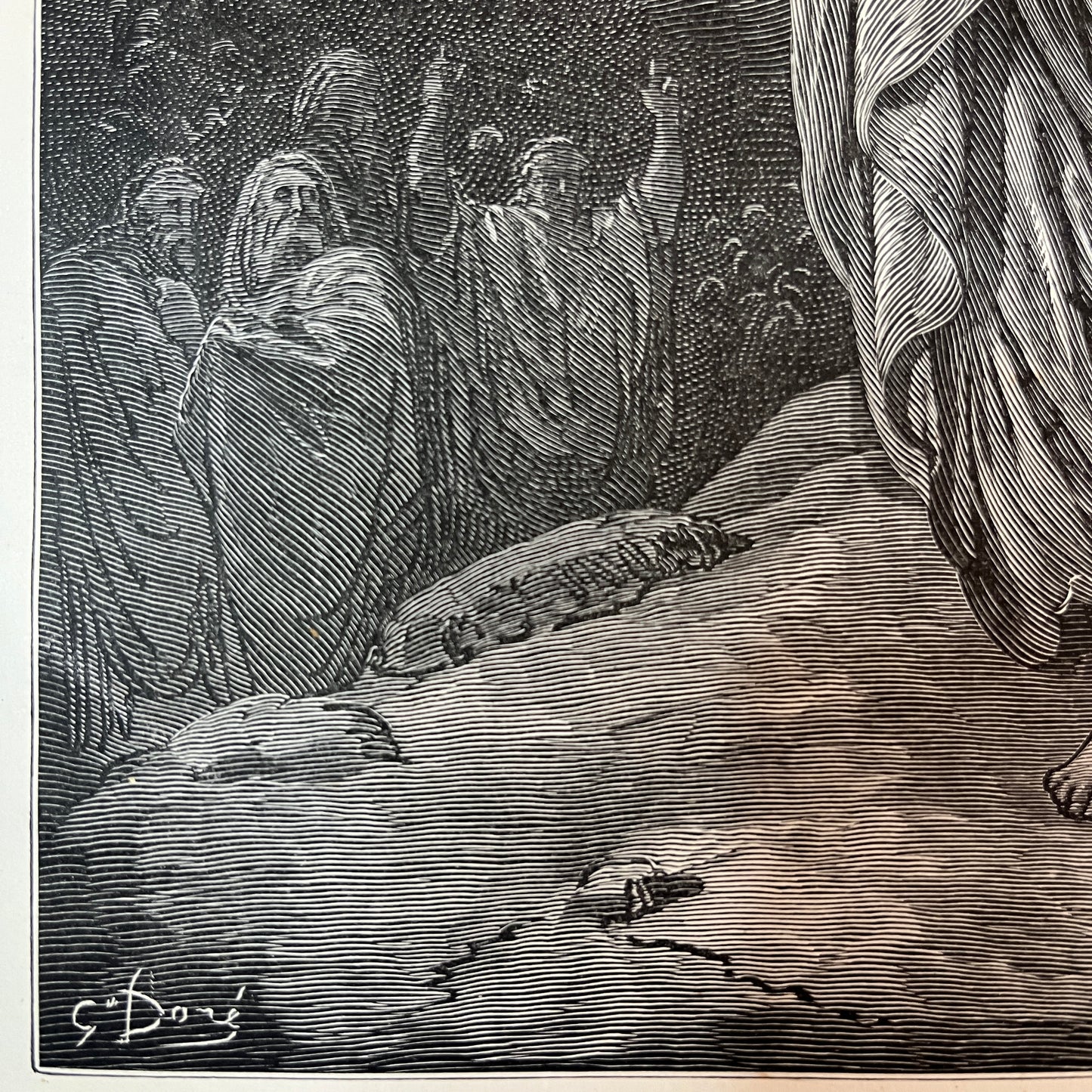 Moses steigt vom Berg Sinai herab. Original Holzstich von Gustave Doré aus dem Jahr 1875.