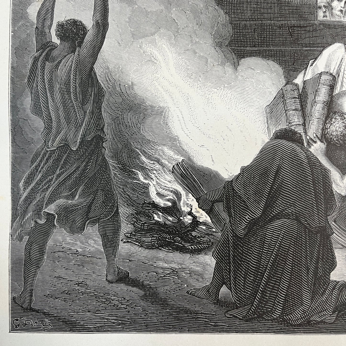 Burning of the Magic Books at Ephesus. Original wood engraving by Gustave Doré from 1875.