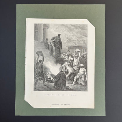 Burning of the Magic Books at Ephesus. Original wood engraving by Gustave Doré from 1875.