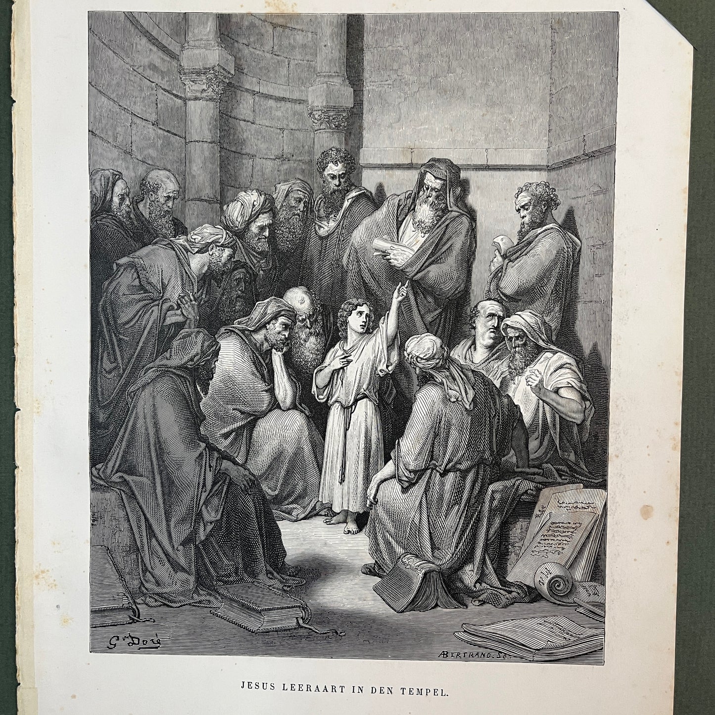 Jesus leeraart in den tempel. Originele houtgravure van Gustave Doré uit 1875.