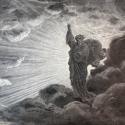 God schiep het licht. Originele houtgravure van Gustave Doré uit 1875.