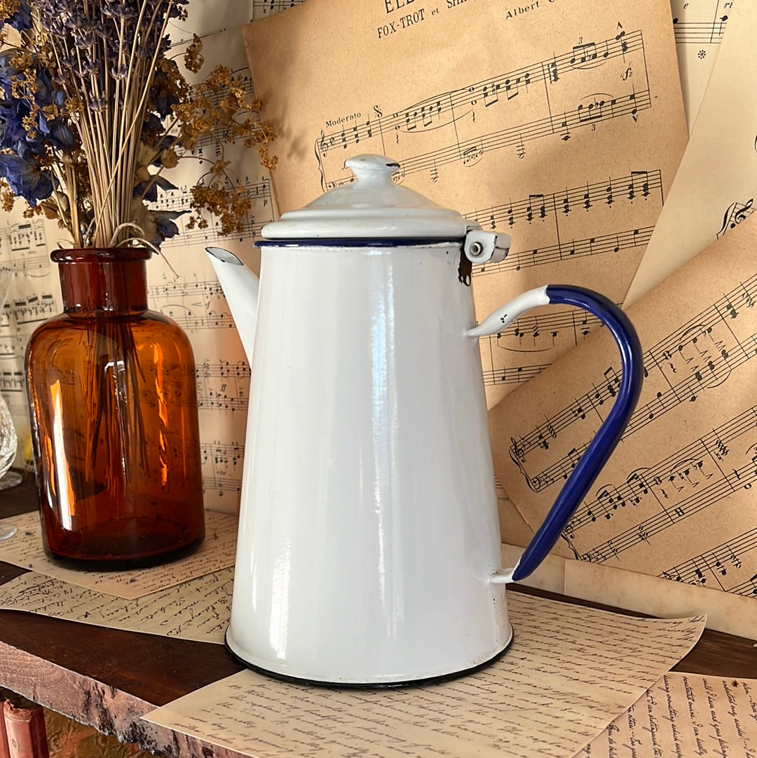 Emaille theepot wit/blauw