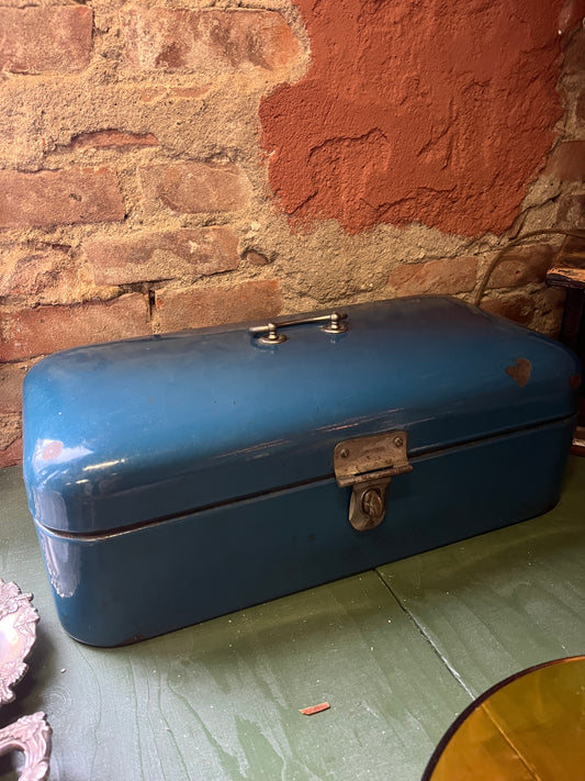 Vintage enamel bread box blue