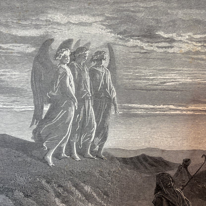 Abraham receives the visit of three angels. Original wood engraving by Gustave Doré from 1875.