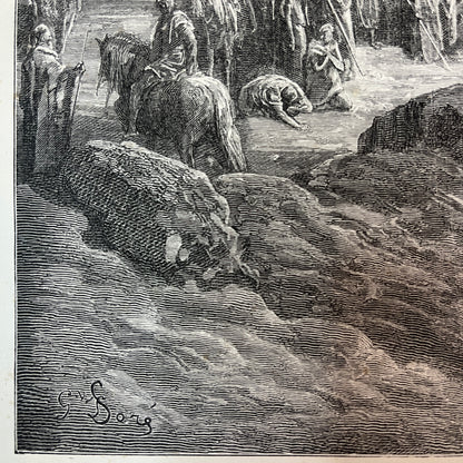 An angel appears to the children of Israel. Original wood engraving by Gustave Doré from 1875.