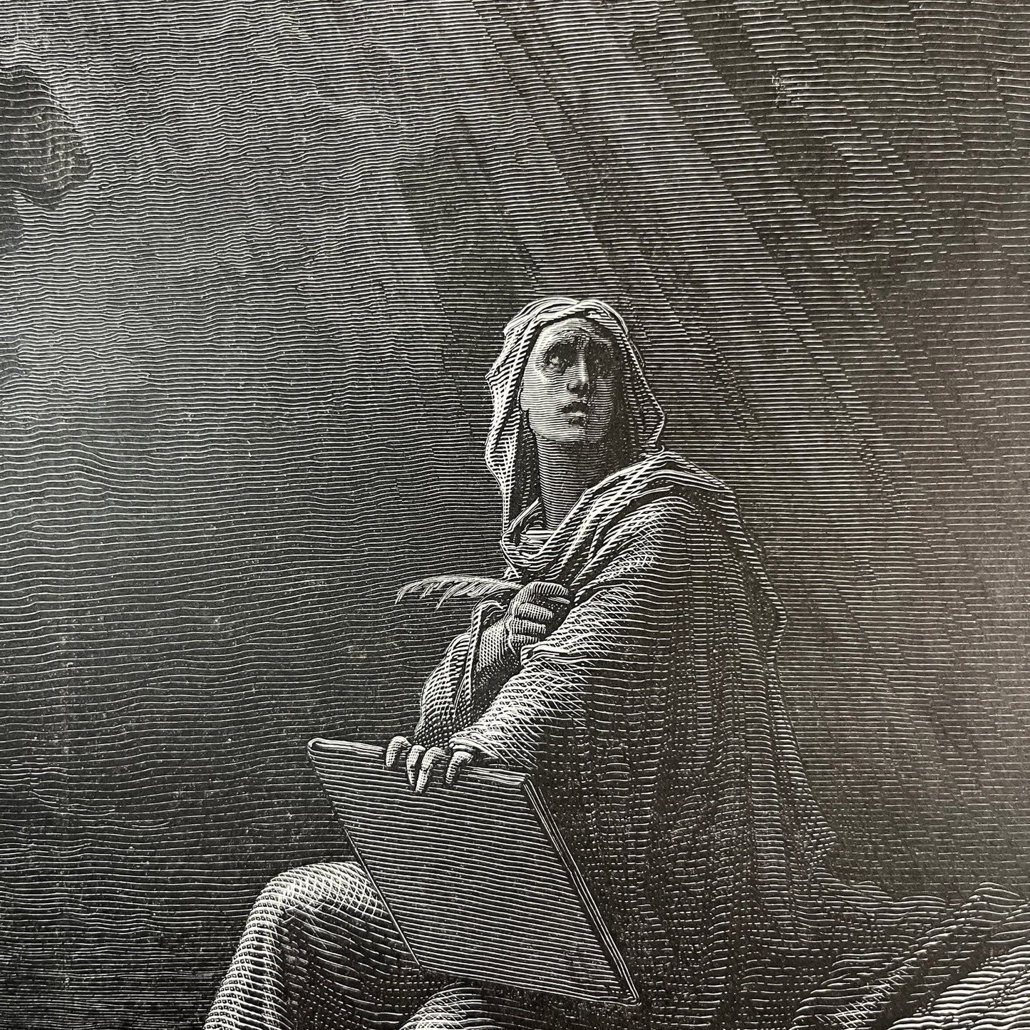 John on Patmos. Original wood engraving by Gustave Doré from 1875.