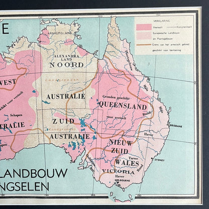 Australië: kaart der landbouw voortbrengselen 1939