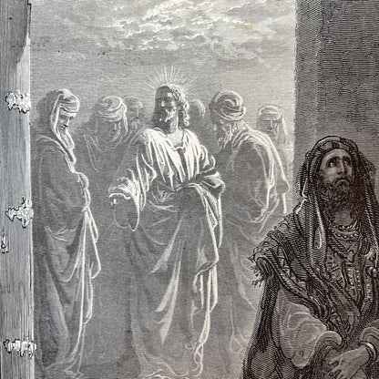 De pharizeer en de tollenaar. Originele houtgravure van Gustave Doré uit 1875.