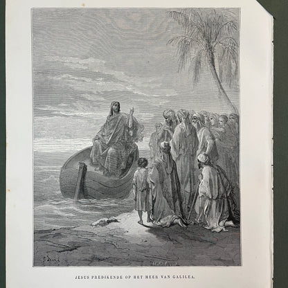 Jesus predikende op het meer van Galilea. Originele houtgravure van Gustave Doré uit 1875.