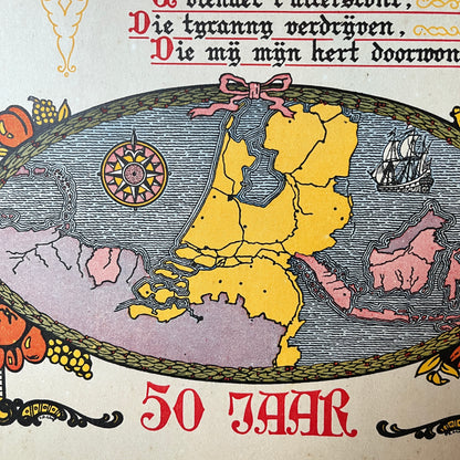 Poster karton Wilhelmus vers 6 Koningin Wilhelmina 50 jaar