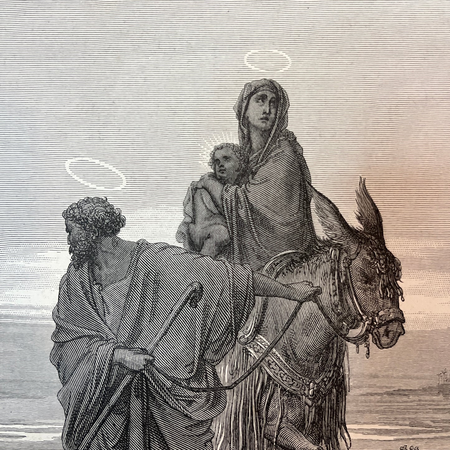 De vlucht naar Egypte. Originele houtgravure van Gustave Doré uit 1875.