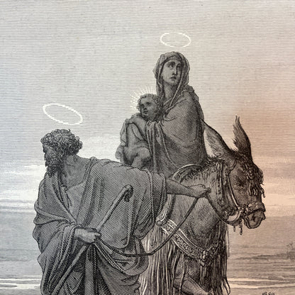 De vlucht naar Egypte. Originele houtgravure van Gustave Doré uit 1875.