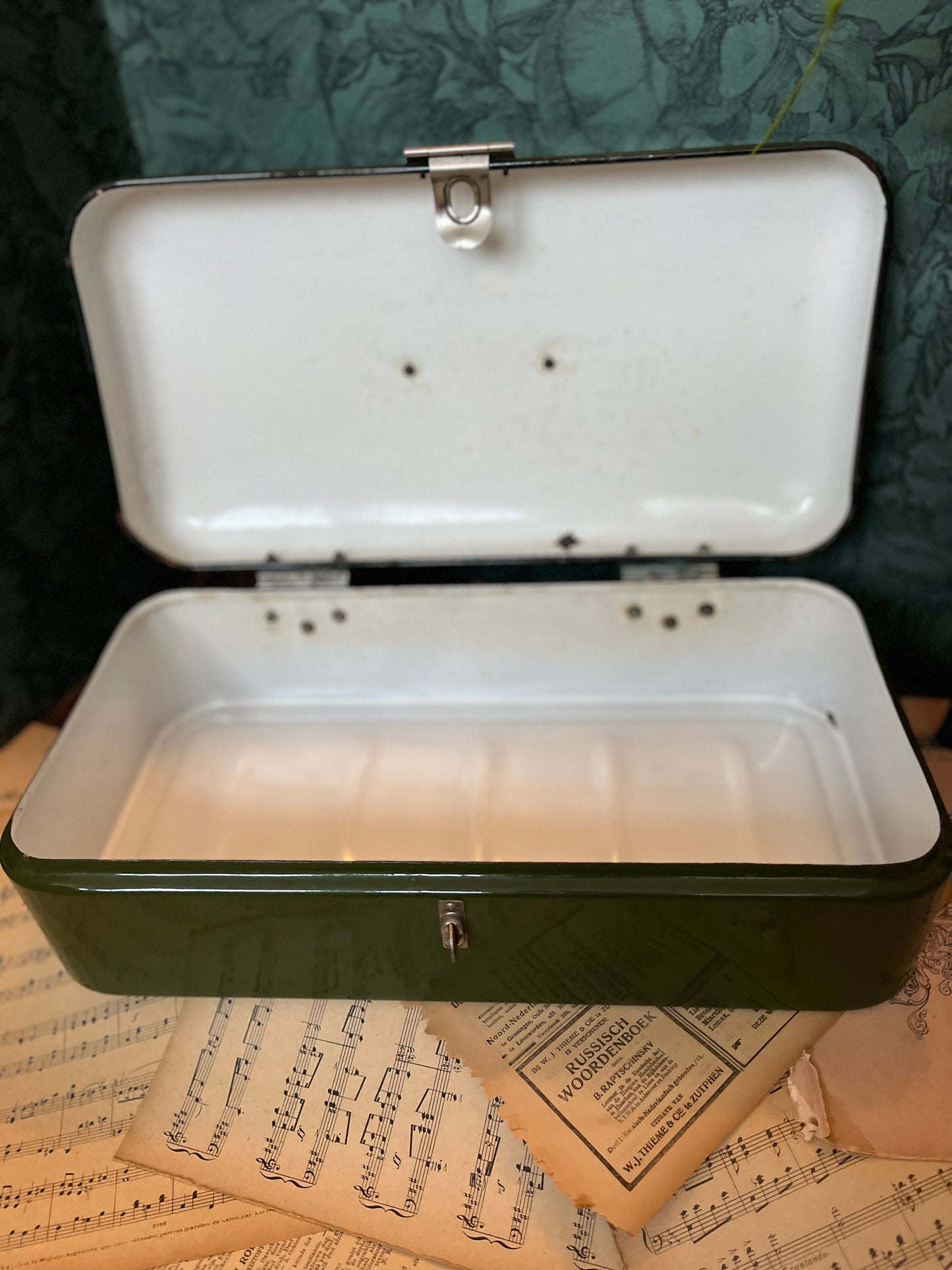 Vintage enamel bread box green