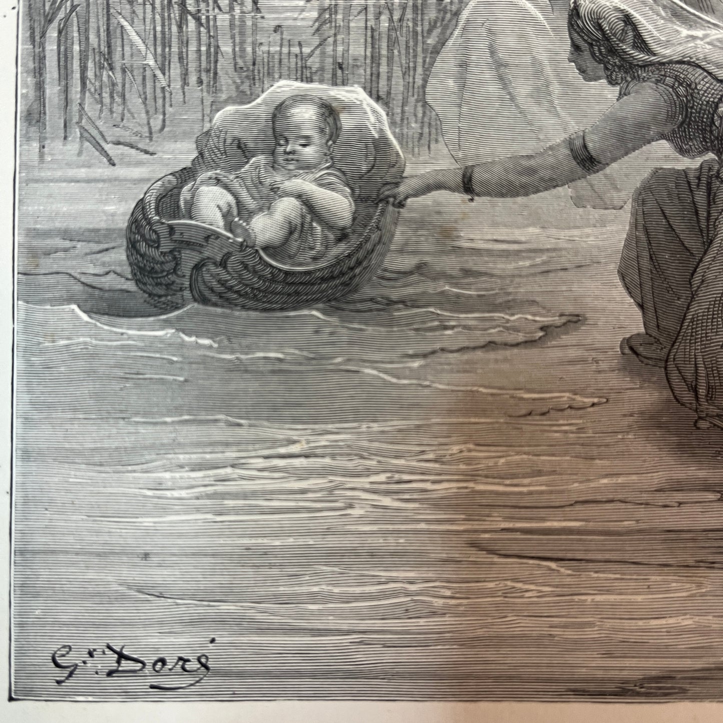 Mozes uit het water getogen. Originele houtgravure van Gustave Doré uit 1875.