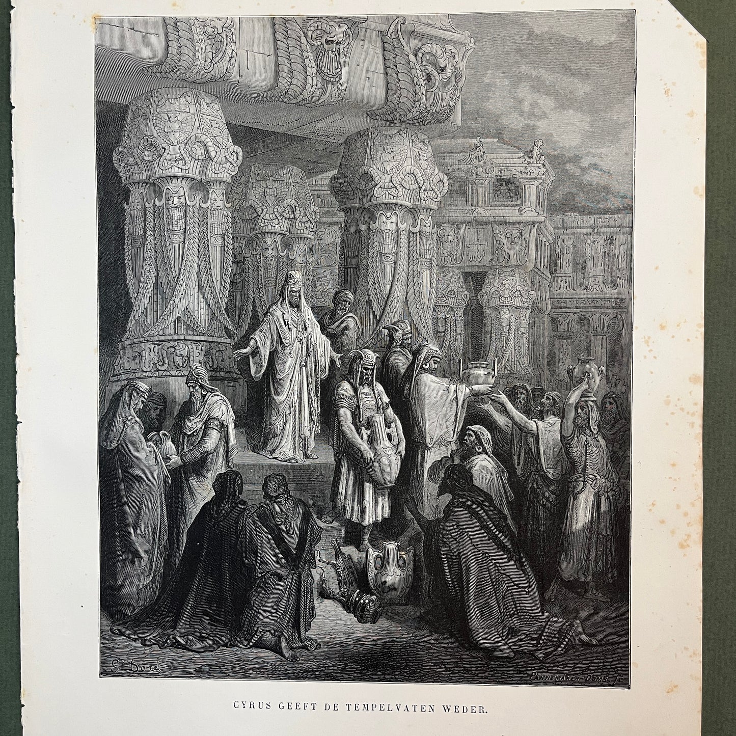 Cyrus returns the temple vessels. Original wood engraving by Gustave Doré from 1875.