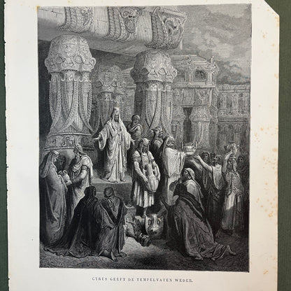 Cyrus geeft de tempelvaten weder. Originele houtgravure van Gustave Doré uit 1875.