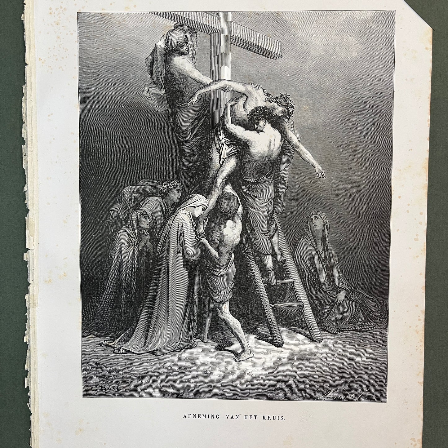 Afneming van het kruis. Originele houtgravure van Gustave Doré uit 1875.