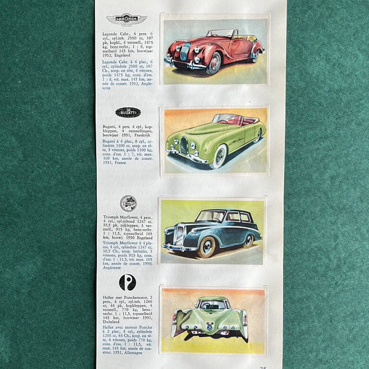 4 Autoplaatjes: Lagonda, Bugatti, Triumph, Haller