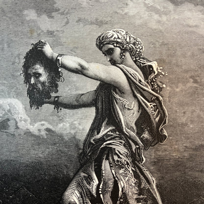 Judith shows the head of Holofernus. Original wood engraving by Gustave Doré from 1875.