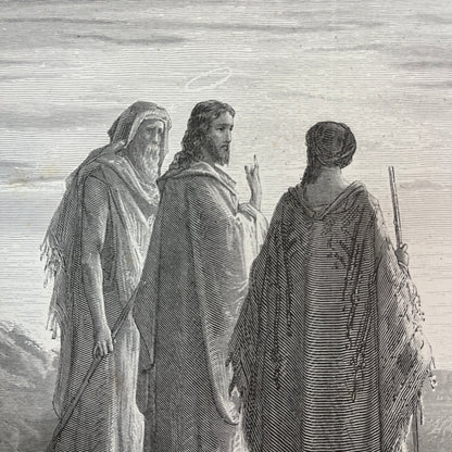 Jesus en de discipelen van Emaus. Originele houtgravure van Gustave Doré uit 1875.