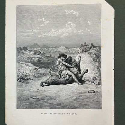 Samson verscheurt een leeuw. Originele houtgravure van Gustave Doré uit 1875.