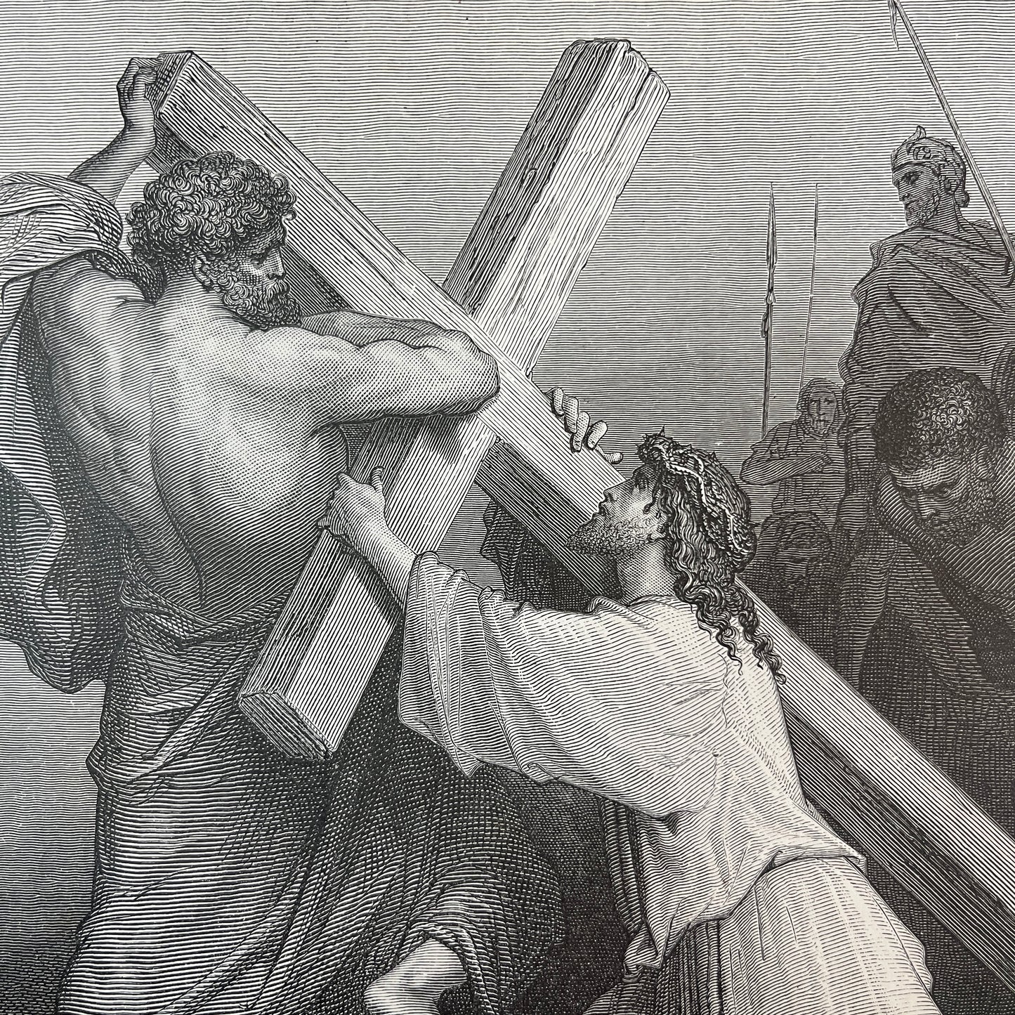 Jesus bezwijkende onder het kruis. Originele houtgravure van Gustave Doré uit 1875.