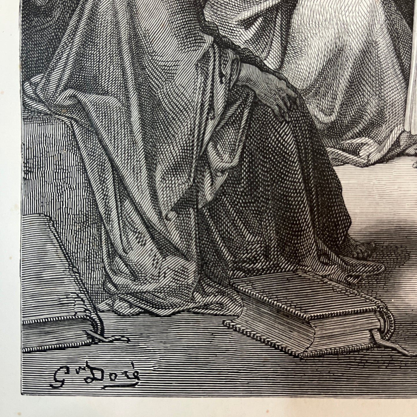 Jesus leeraart in den tempel. Originele houtgravure van Gustave Doré uit 1875.