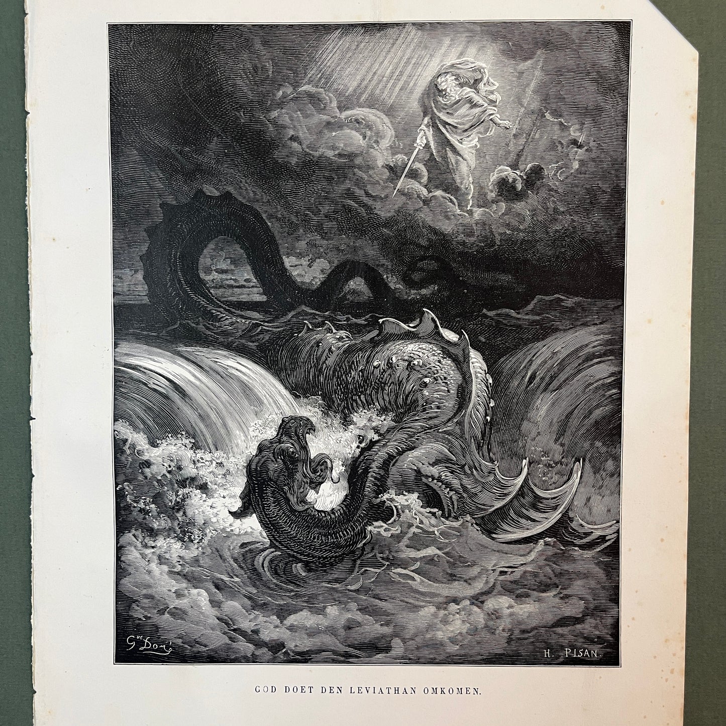 God doet den Leviathan omkomen. Originele houtgravure van Gustave Doré uit 1875.